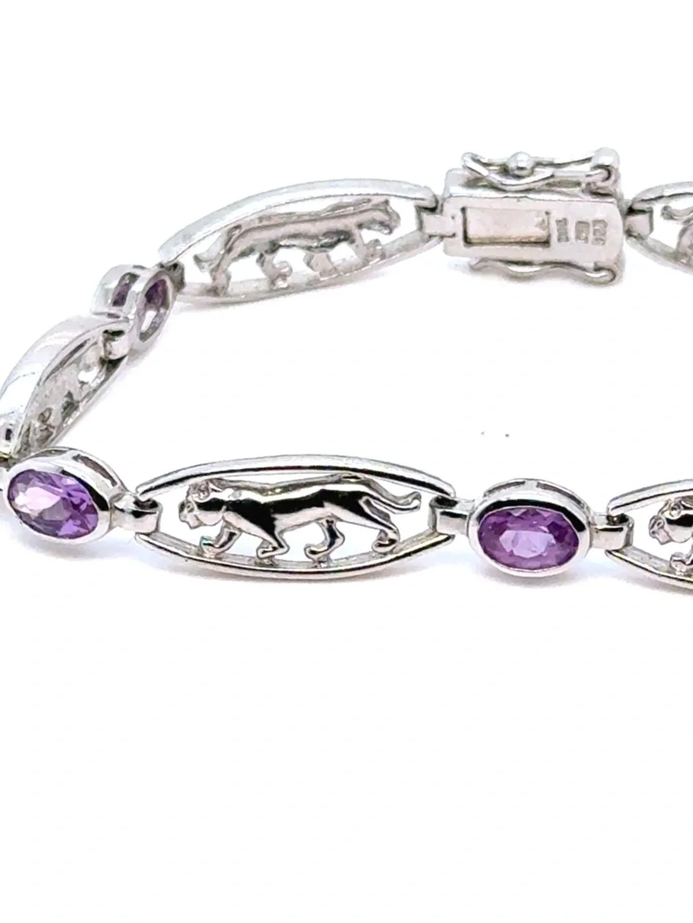 Sterling Silver 925 Panther Link‎ Bracelet with Amethyst Accents
